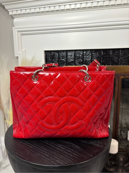 CHANEL Handbags - CHANEL Red Quilted Patent Leather Grand Shopping Tote with Double-C Logo